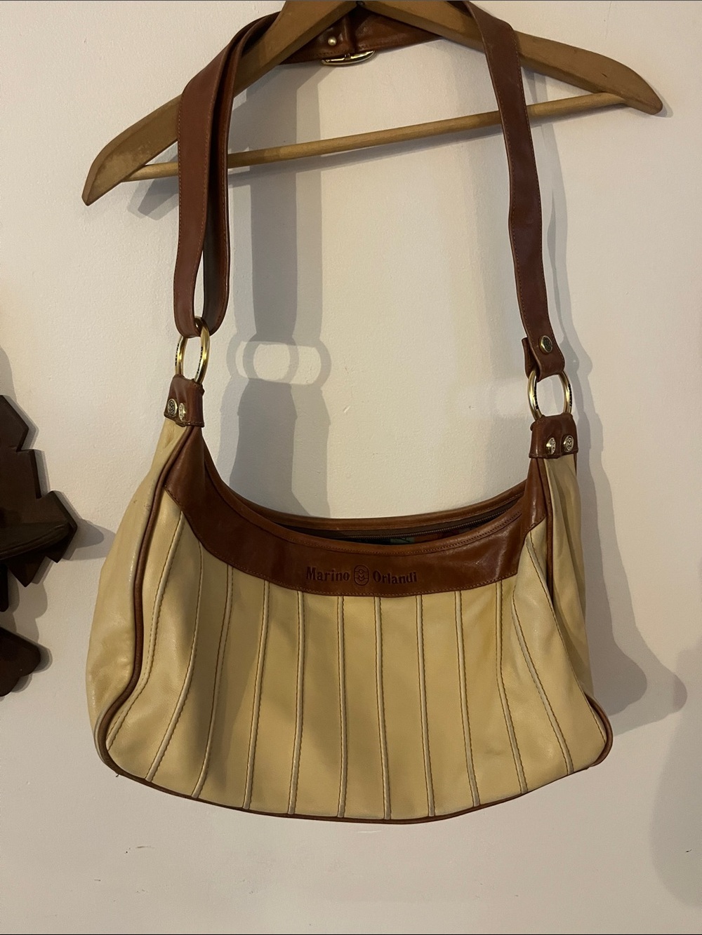 Marino Orlandi Cream and Brown Leather Shoulder Bag